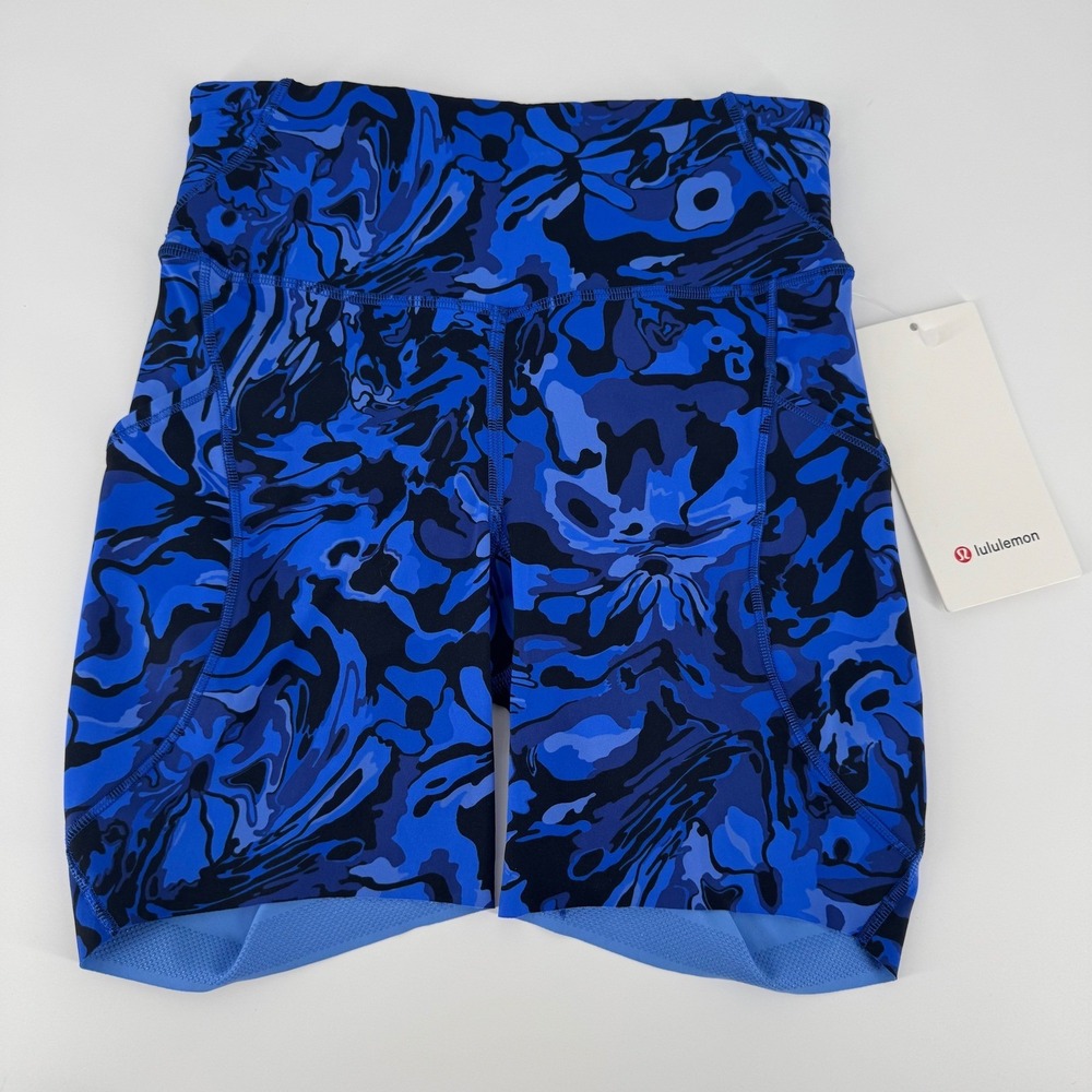 Lululemon Fast and Free HR 6" Shorts Blue Black Print Size 2 Pockets
